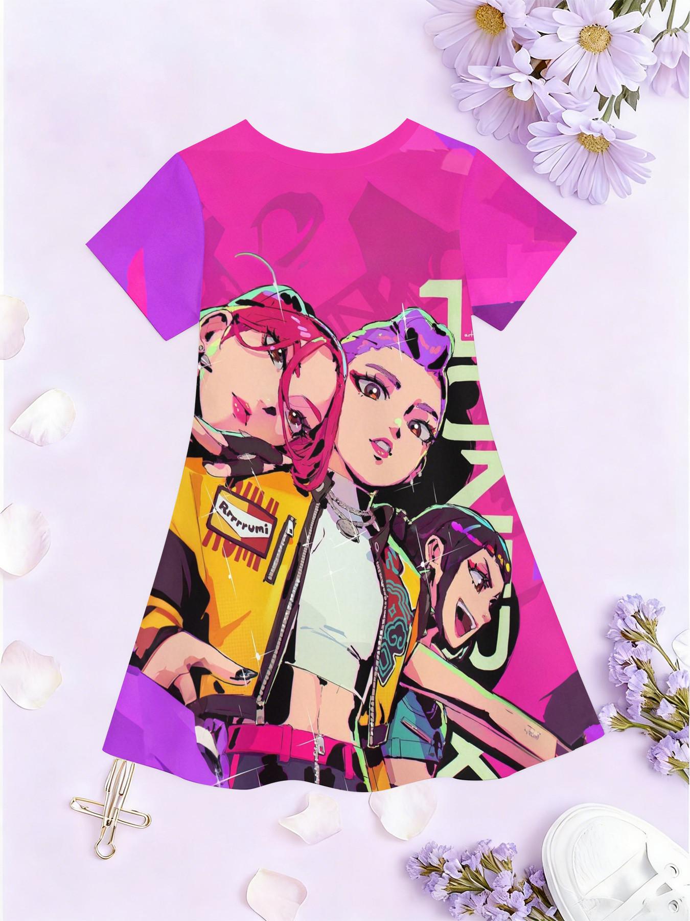 Girls' 3D Short Sleeve Dress, Cyber Graffiti Kpop Full Print Summer Dress, Perfect for Parties, Festivals, Gifts, Birthday Presents