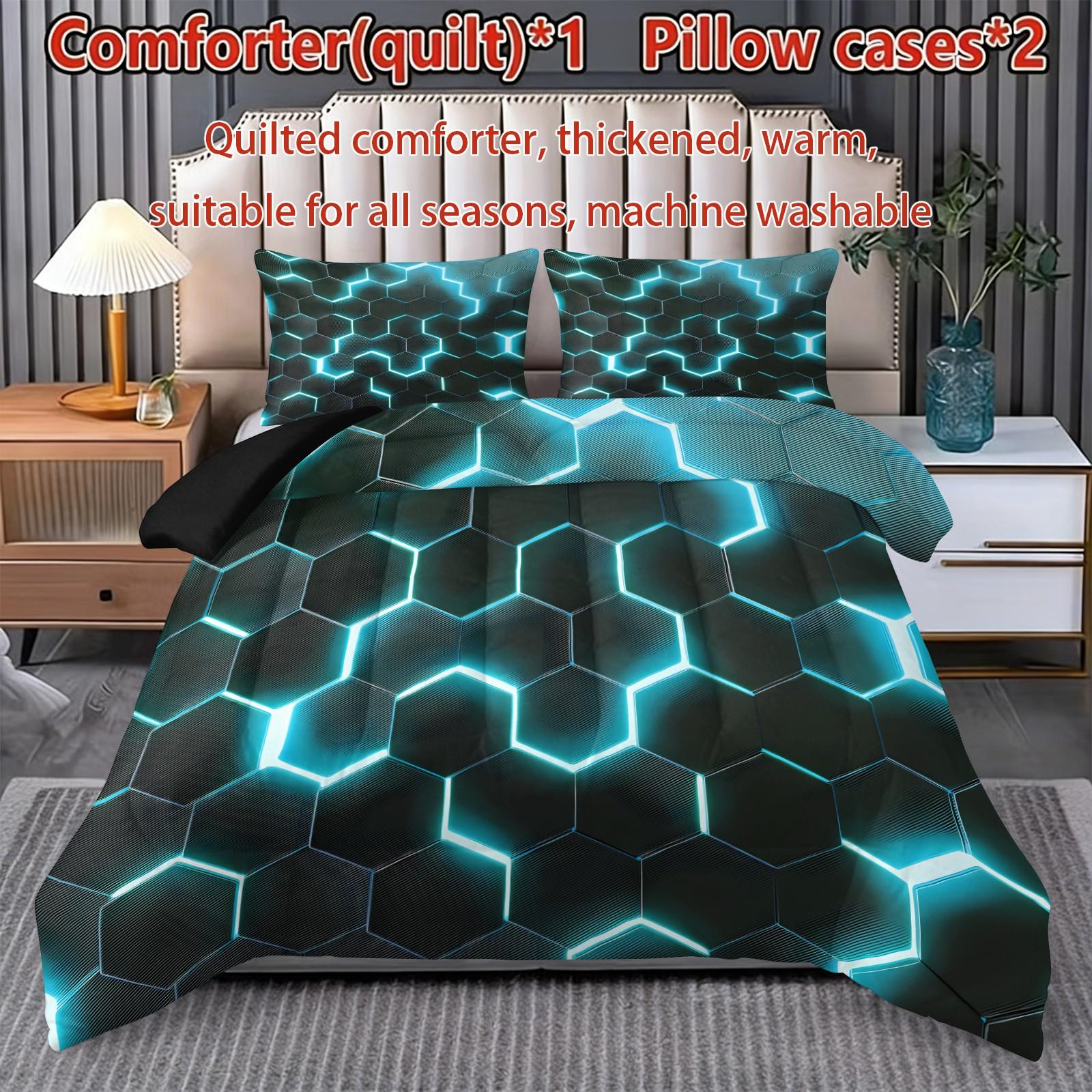 Hexagon Glow Bedding Set, Includes 1 Comforter & 2 Pillowcases, Cyberpunk Tech Decor, Synthetic Fiber Material, Home Bedroom Essentials