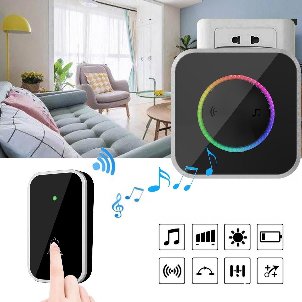 doorbell chimes, Wireless Doorbell, Easy installation, Waterproof, Adjustable Volume, 45 Chimes, Colorful LED, 1000Ft Range, M488-BS, Black IP44 (1 receiver 1 button)