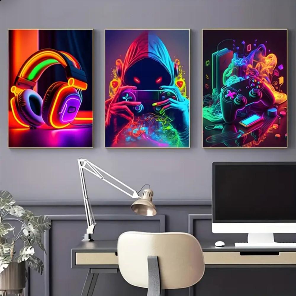 3-Piece Optional Wooden Frame Punk Style Gamepad Gaming Room Theme Art Poster Waterproof Premium Thick Canvas High Saturation Accurate Contrast Boys Room Decor