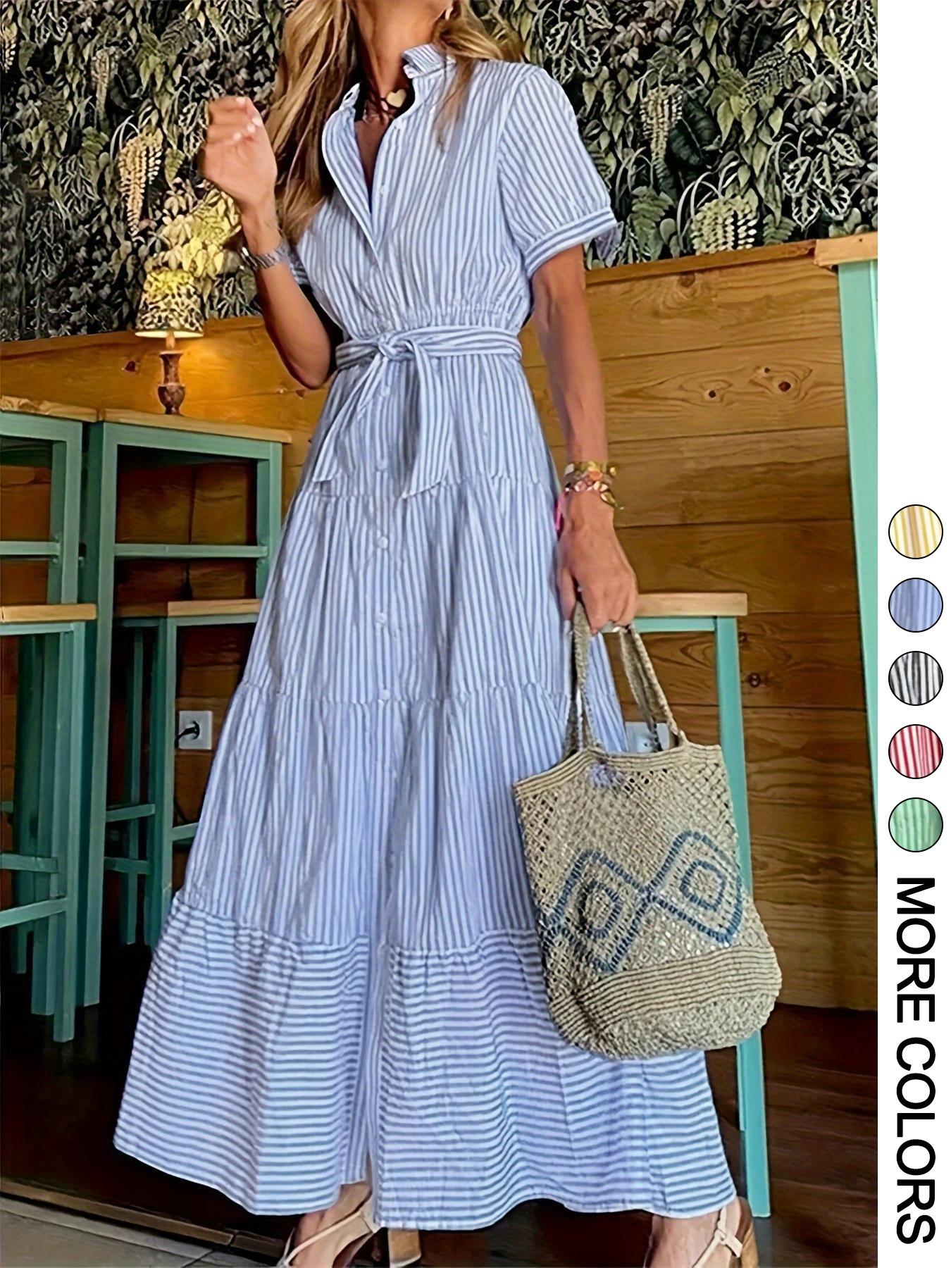 Women's Striped Print Adjustable Belted Button Dress, Elegant Casual Long Dress for Summer, Women's Clothing for Daily Wear, Fit, Womenswear