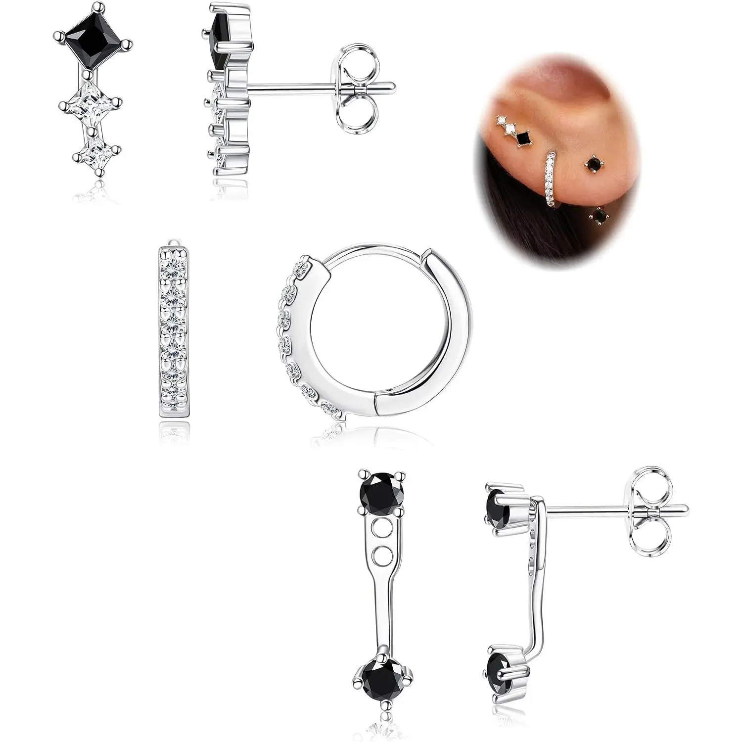 3 Pairs 925 Sterling Silver Stud & Huggie Hoop Earring Set for Women, Hypoallergenic Cartilage Piercing Earrings, Dainty Daily Fashion Jewelry