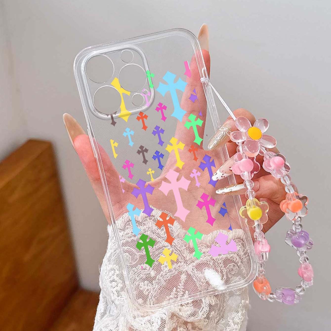 1pc Multicolor Cross Pattern Transparent Anti-Drop Phone Case with Lanyard, Compatible with iPhone 11/12/13/14/15/16 Series, Fashionable Design