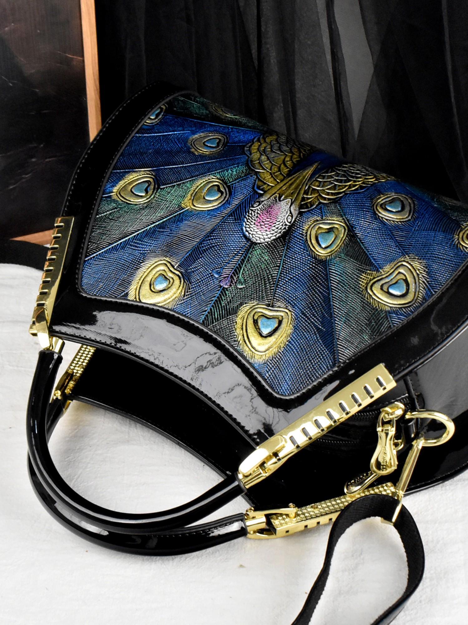 Designer Peacock Design Women's Handbag, Elegant Feather Pattern Boston Bag, PU Material, All Seasons Fashion Accessory