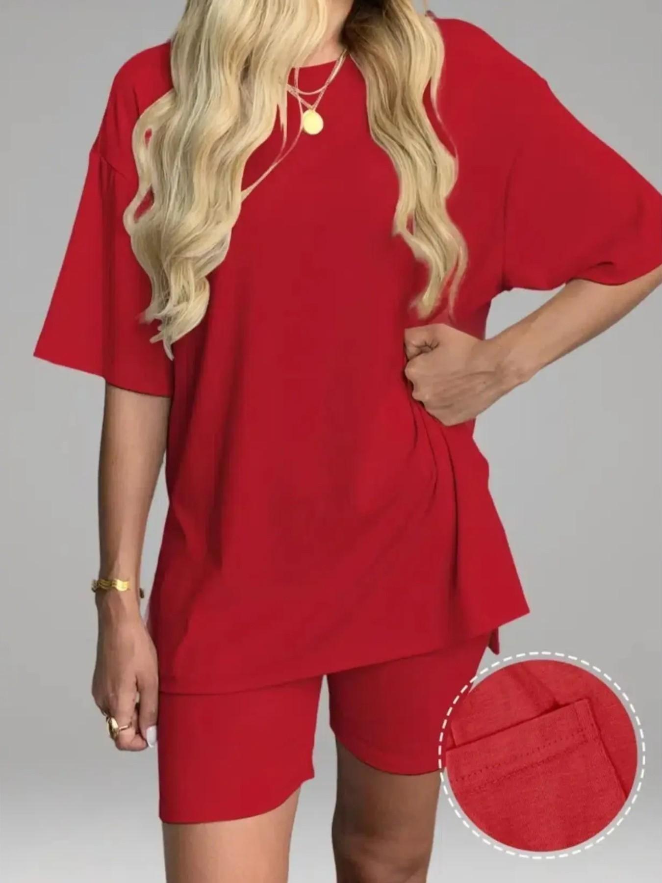 Women's Solid Color T-Shirt and Tight Shorts Set, Summer Comfort Round Neck Pajamas Loungewear, Nightwear, Pocket Design, Suitable for Outdoor Wear