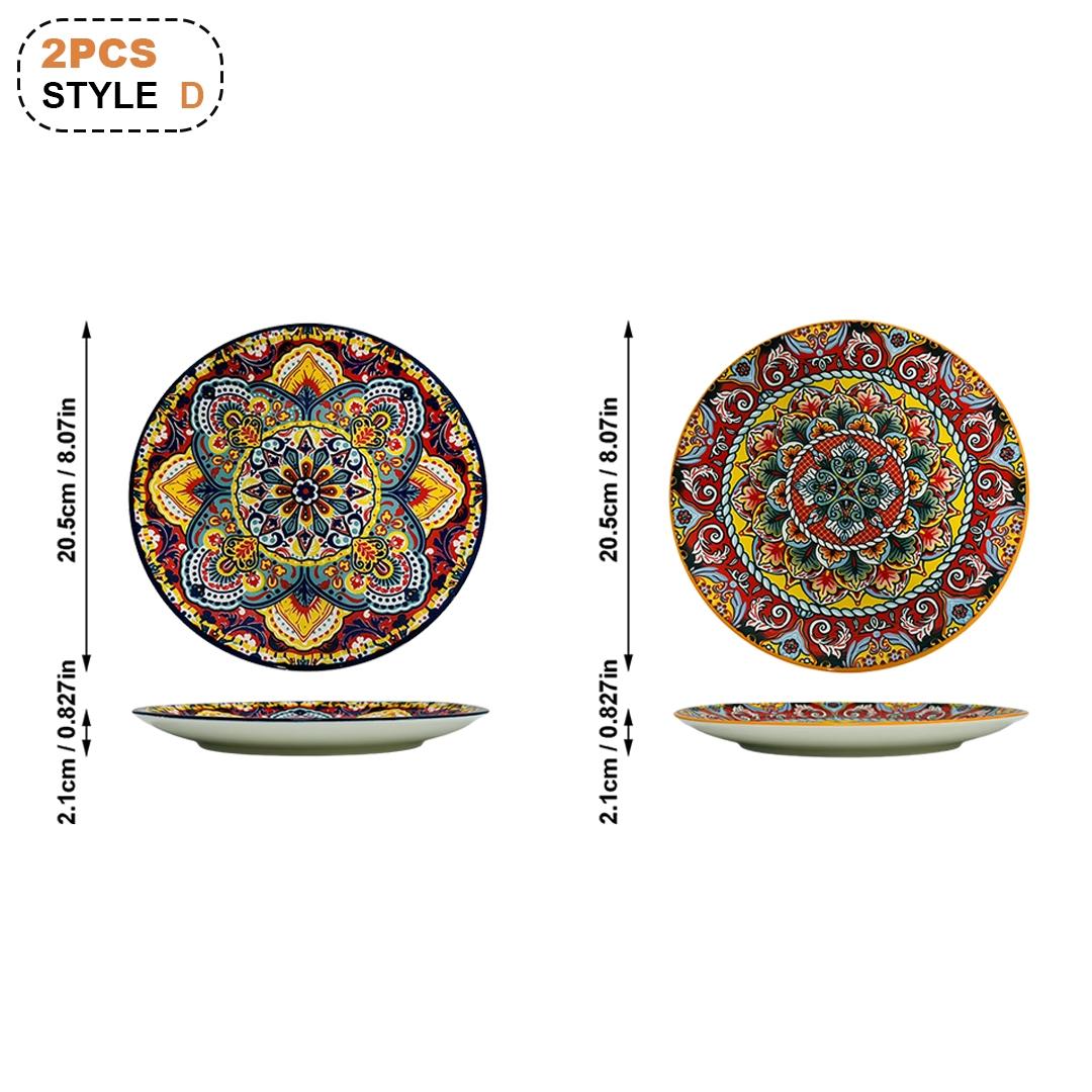 2-Piece 8.07-Inch Ceramic Plate Set, Boho Style Kitchen Diningware, Creative Home Tableware, Fruit Bowl, Steak Plate, Shallow Round Plates