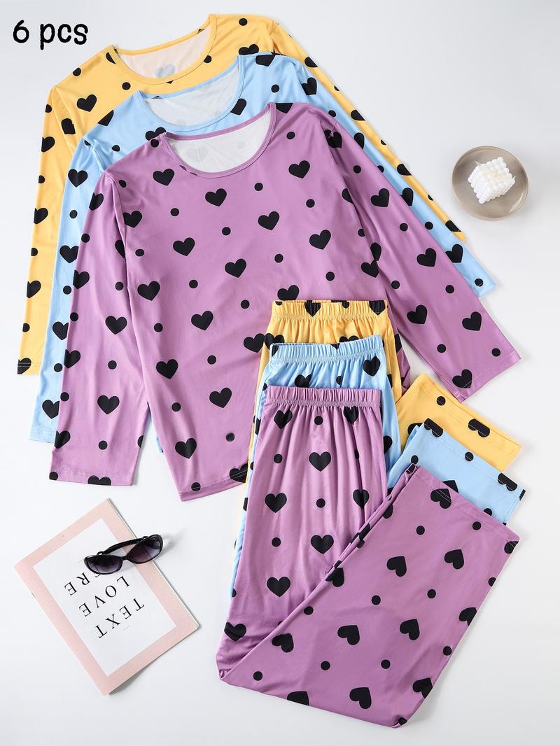 Plus Size Heart Print Drop Shoulder Pyjama Set, Casual Comfy Long Sleeve Round Neck Top & Trousers PJ Set, Pajamas, Summer Outfits 2024, Women's Sleepwear for Spring & Fall