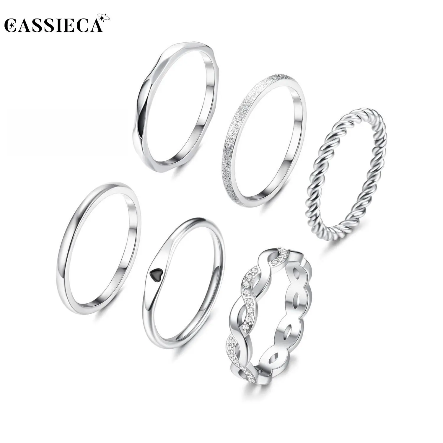 CASSIECA Women's 6PC Stainless Steel Minimalist Stacking Ring Set, Heart Shaped Carved Rings, Non Tarnish Stackable Knuckle Thumb Bands for Promise, Everyday  Jewelry, Heart Shaped Ring, Non Tarnish Jewelry Sohochic