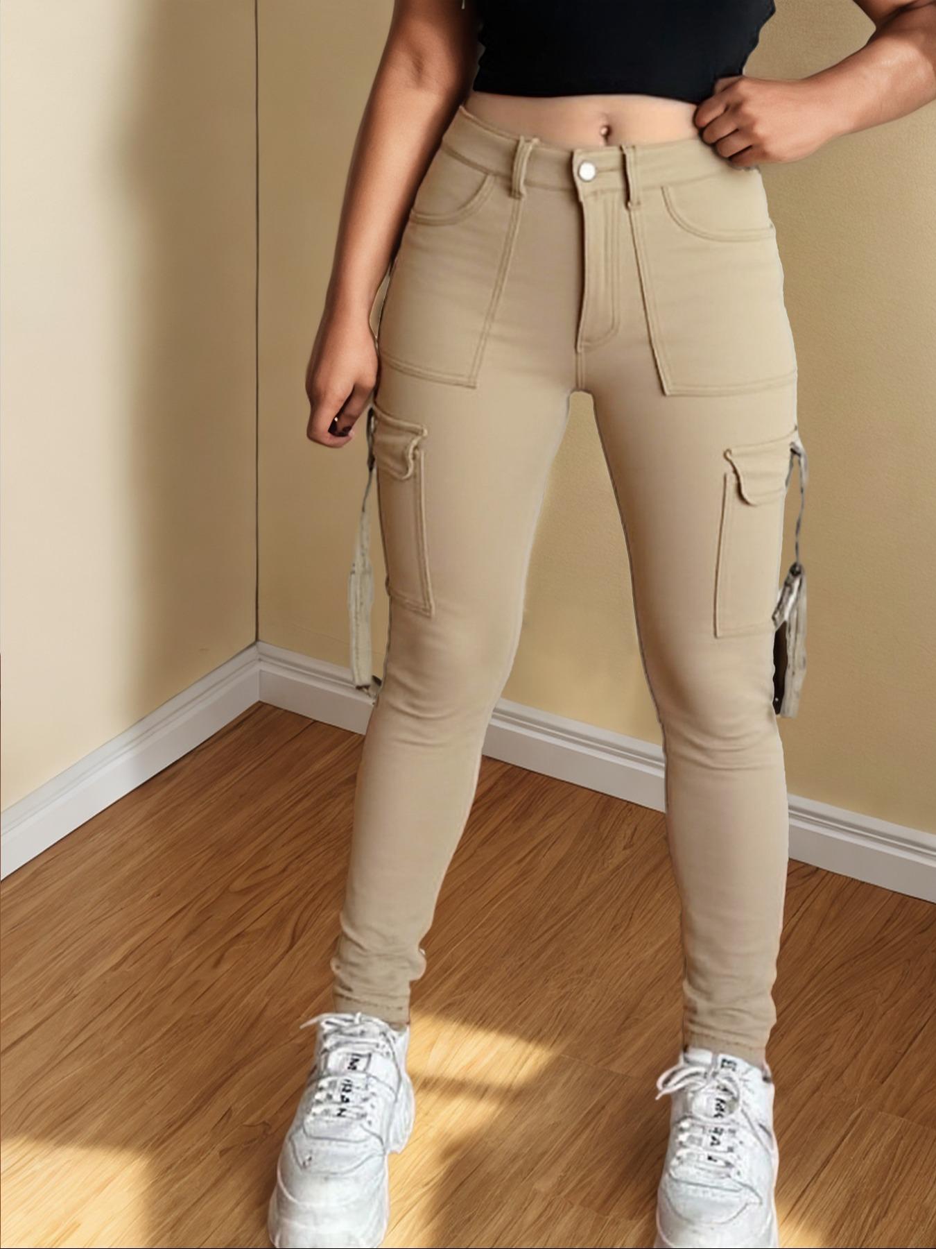 Women's Plain Multi-pocket Denim Elastic Slim Fit Button Cargo Pants, Casual Street Trousers for Everyday Wear, Ladies' Bottoms for All Seasons, Jeans with Pockets, Womenswear