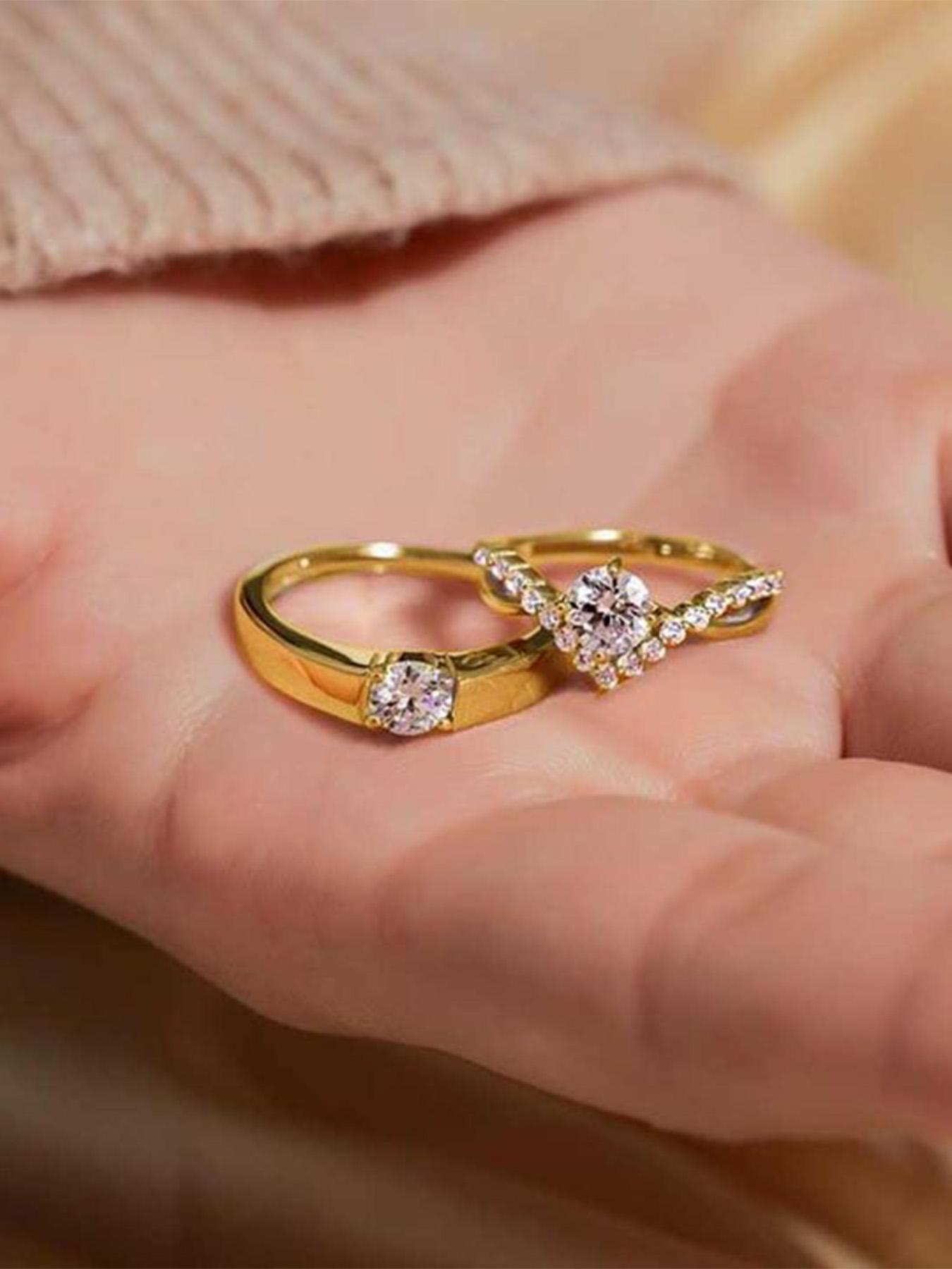 2 Piece Set Artificial Cubic Zirconia Wedding Rings, Adjustable Open Style Couple Engagement Rings, Perfect Casual Party Fashion Jewelry Gift