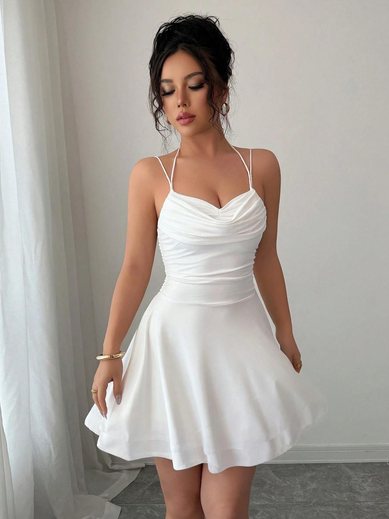 French Style Sexy Slim-Fitting Ruched Dress, Plain Color Backless Party Gown, Perfect for Graduation Season, Women's Elegant Clothing