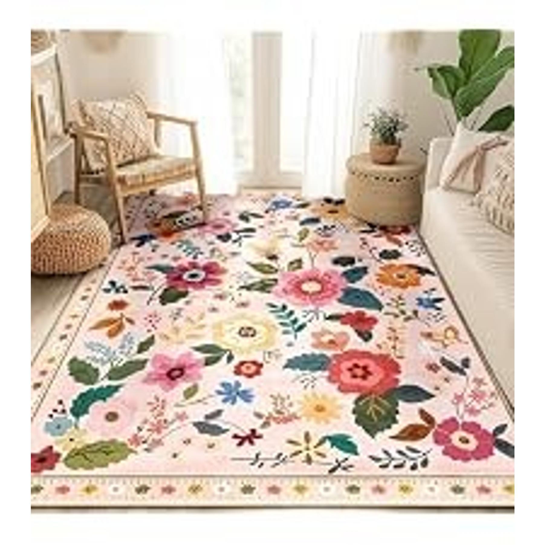 5'x7' Washable Non-Slip Distressed Medallion Area Rug, Floral Vintage Carpet for Living Room, Bedroom, in Terracotta, Burnt Orange, Green