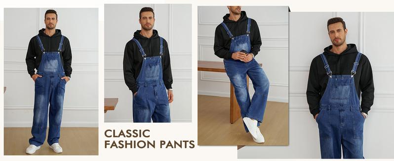 Runcati Men's Denim Bib Overall Jean Romper Casual Fashion Workwear Adjustable Strap Loose Fit Hip Hop Jumpsuit