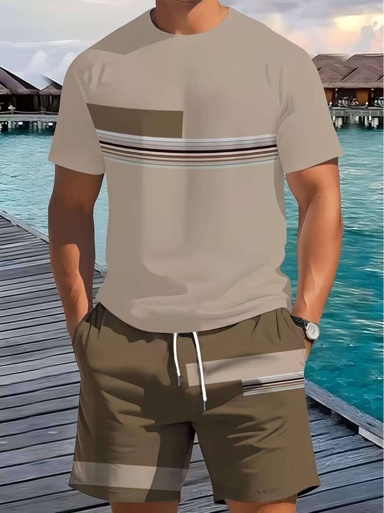 Men's Outdoor Set, Summer Fashion Short Sleeve Crew Neck Quick-Dry T-Shirt + Shorts, 3D Digital Print, Casual Fitness Wear, Gift Idea