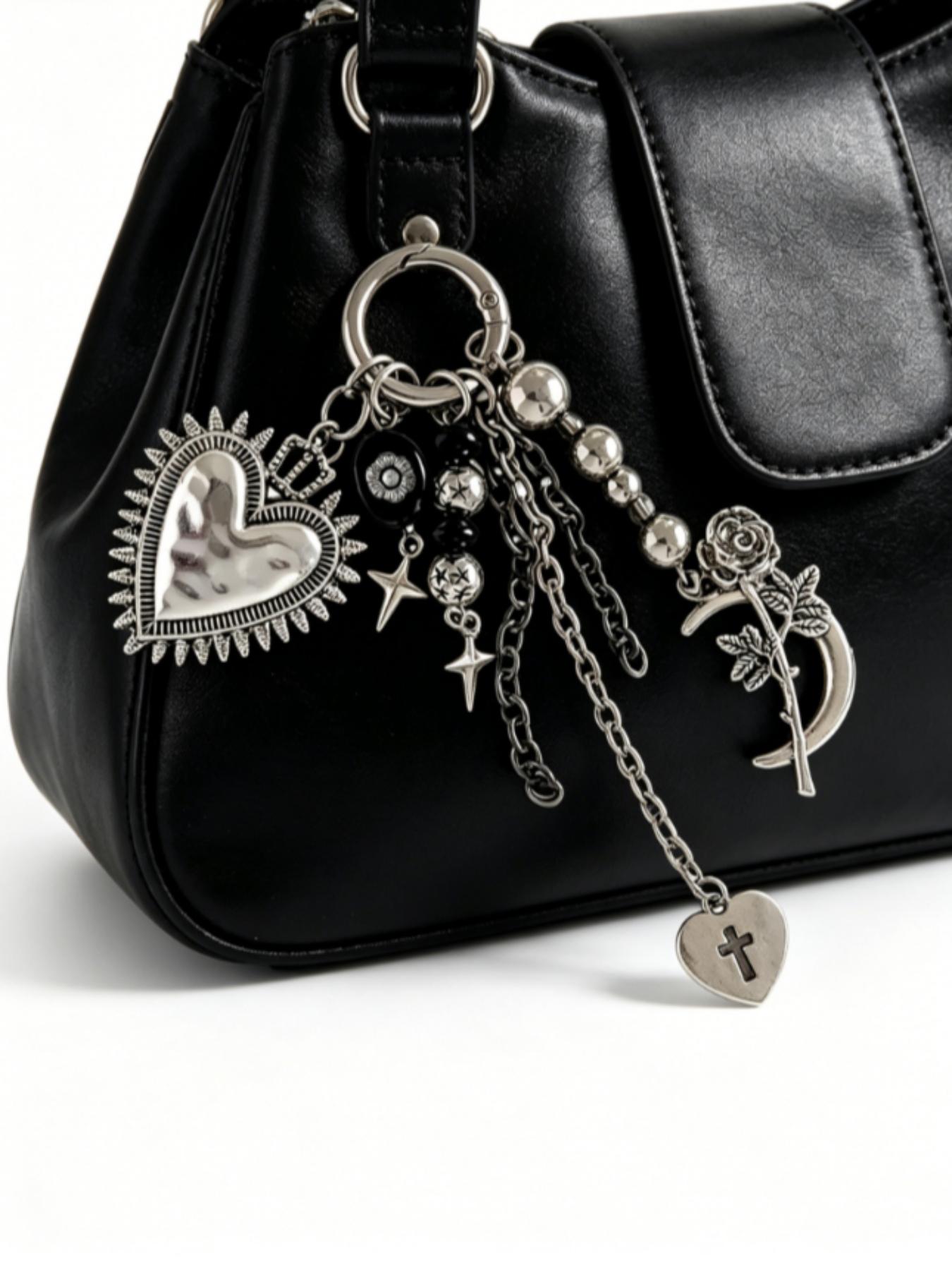 Gothic Vintage Heart Keychain, Y2K Dark Style Personalized Bag Charm, Silver Color Cross Rose Metal Pendant, Unique Accessory, Keychain Jewelry, Stainless Steel Keychain