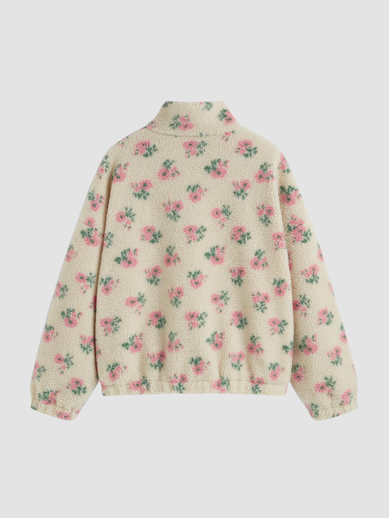 Women's Floral High Neck Zipper Fitted Jacket, Casual Fleece Lined Knit Coat, Long Sleeve Button Front Outerwear, Fall & Winter Fashion