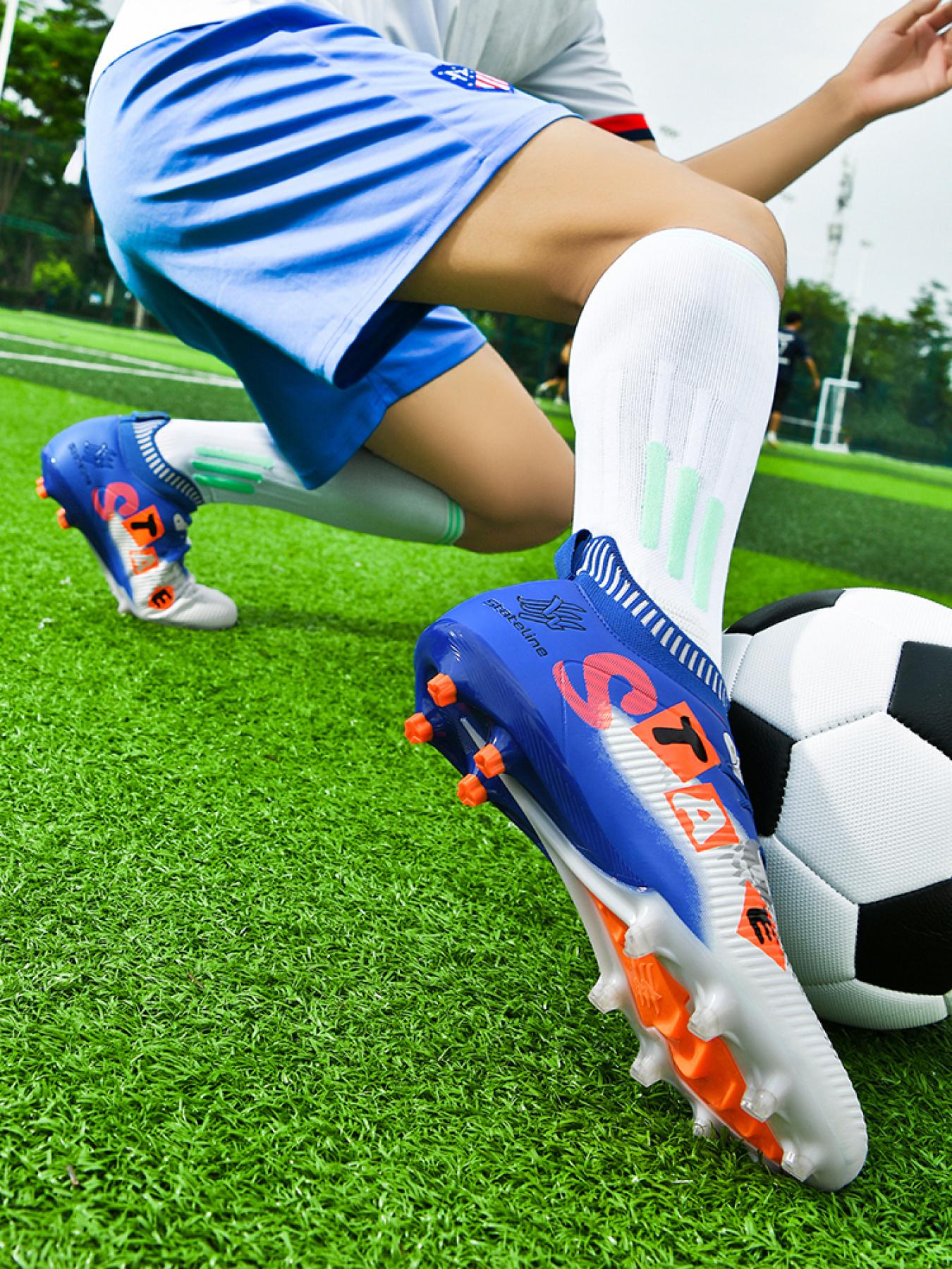 Blue Patchwork Parent-Child Soccer Shoes, Sporty Design, Flyknit + Tpu Material, Strong Grip, Lightweight Feel, Ideal for Training & Competition