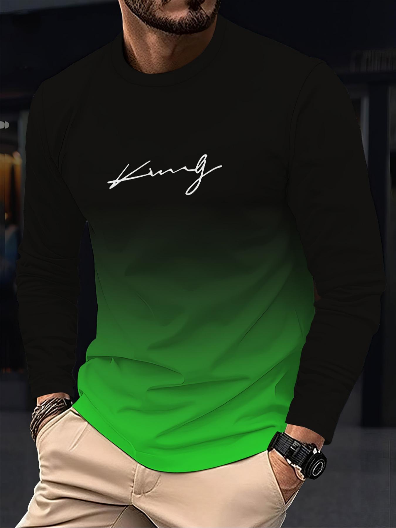 Men's Casual Long Sleeve Fitted T-Shirt, Gradient Color, Polyester Material, Round Neck, Letter Print Design