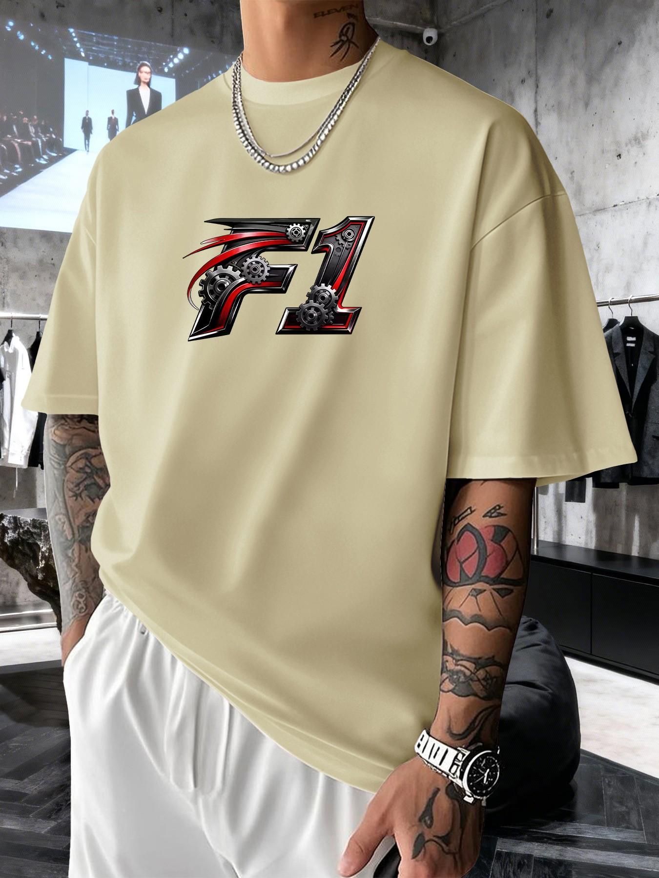 Mechanical Gear F1 Print Men's Trendy Graphic Streetwear Short Sleeve T-Shirt, Casual Slim-Fit Long Top for Spring Summer