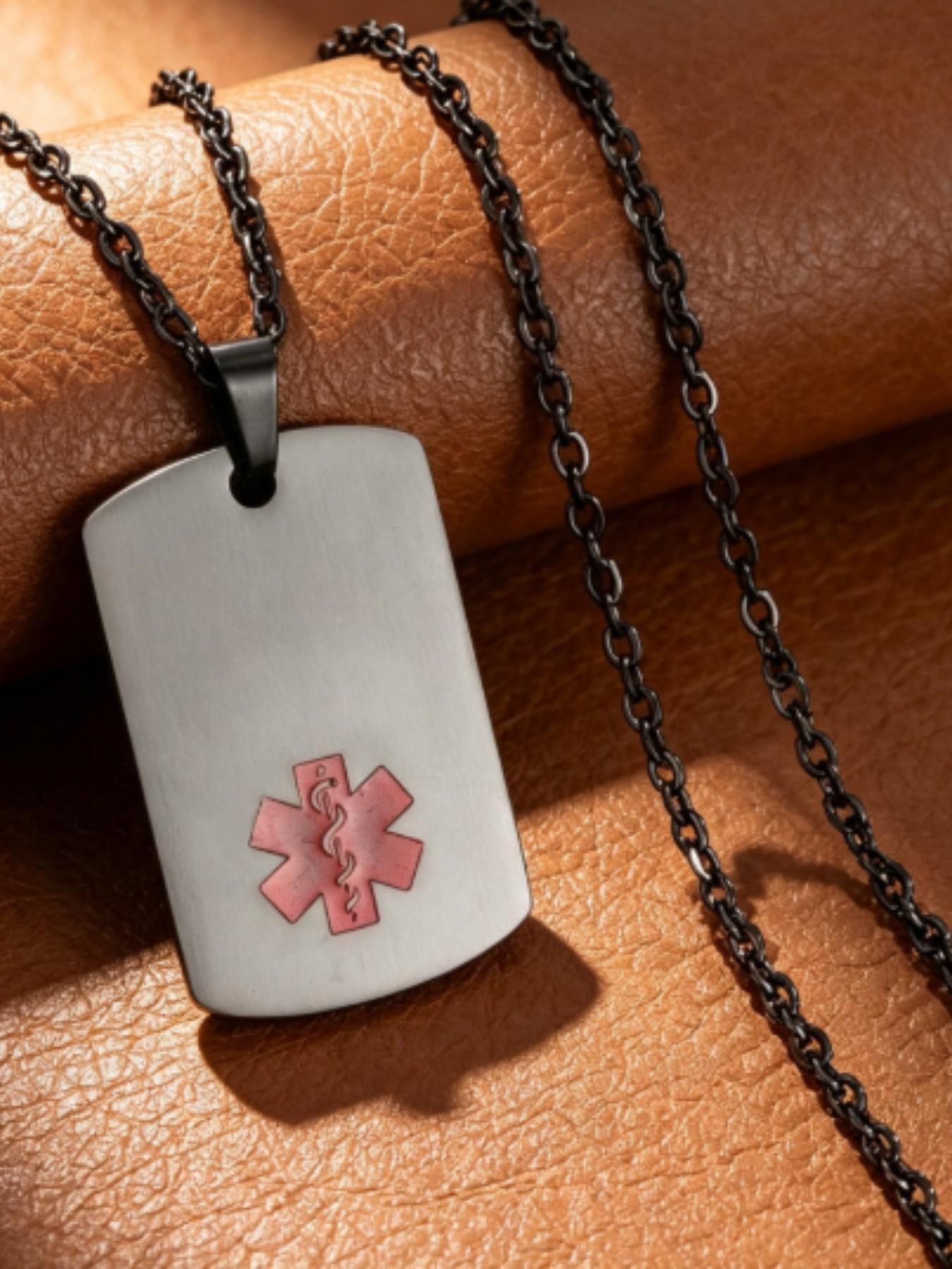 Medical Symbol Snake Staff Square Tag Dog Tag Pendant Titanium Steel Necklace, Elegant Medical Accessory Jewelry