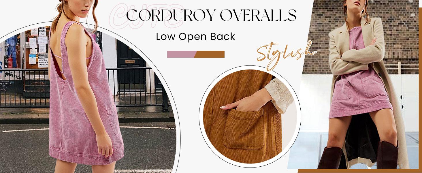 Women's Corduroy Overall Dress Round Neck A Line Skirtall Jumper Mini Dress Pinafore with Pockets#TikTokShopBlackFriday