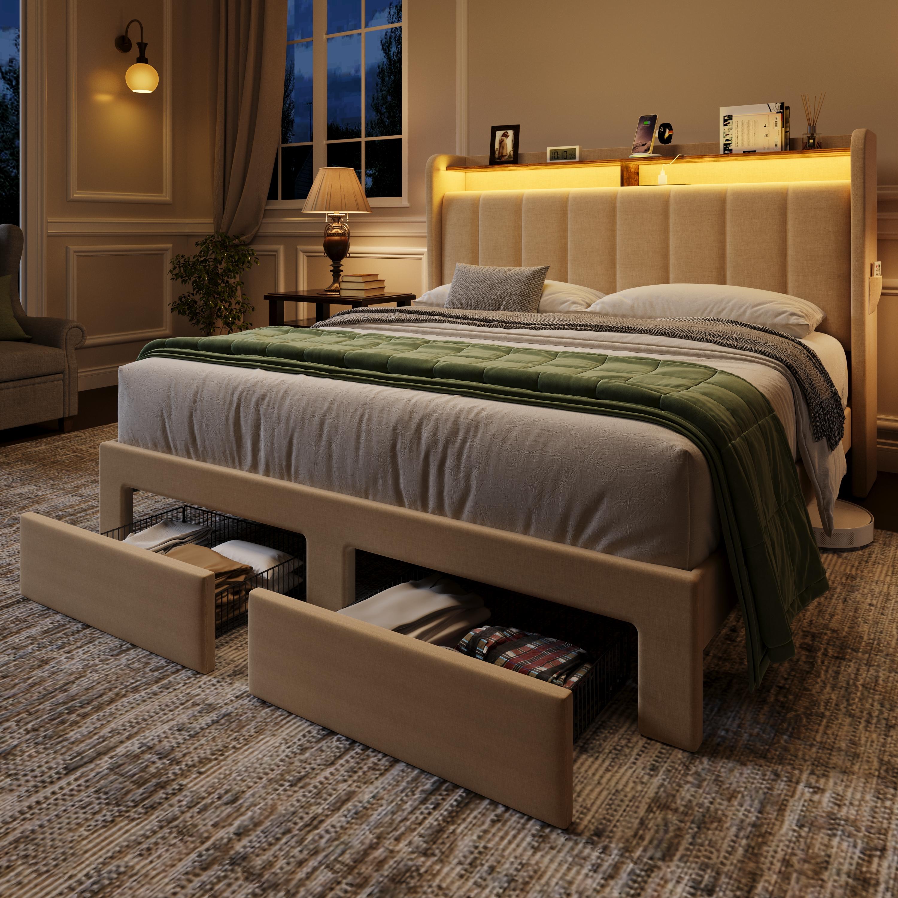 MUTICOR Upholstered Bed Frame with LED Shelf Headboard & 2 Drawers, Linen or Velvet Fabric, Smart Outlets,Full/King/Queen Bed Frame, No Box Spring Needed#TikTokShopBlackFriday #ChristmasGifts
