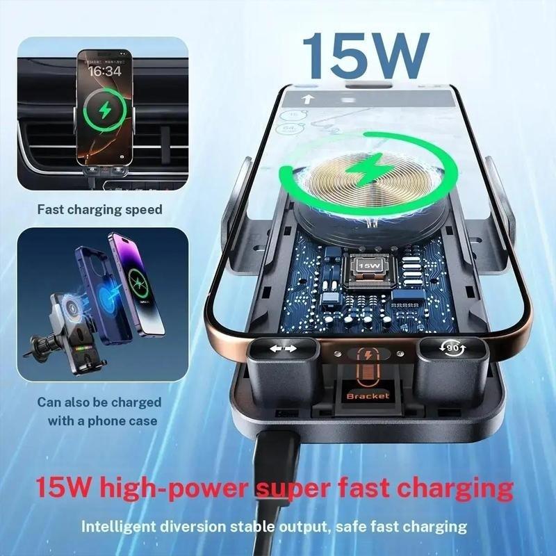 Wireless car charger mount, automatic air vent clip, stable and quiet shockproof design, fast charging, 90-degree rotation, compatible with both landscape and portrait modes, compatible with all smartphones