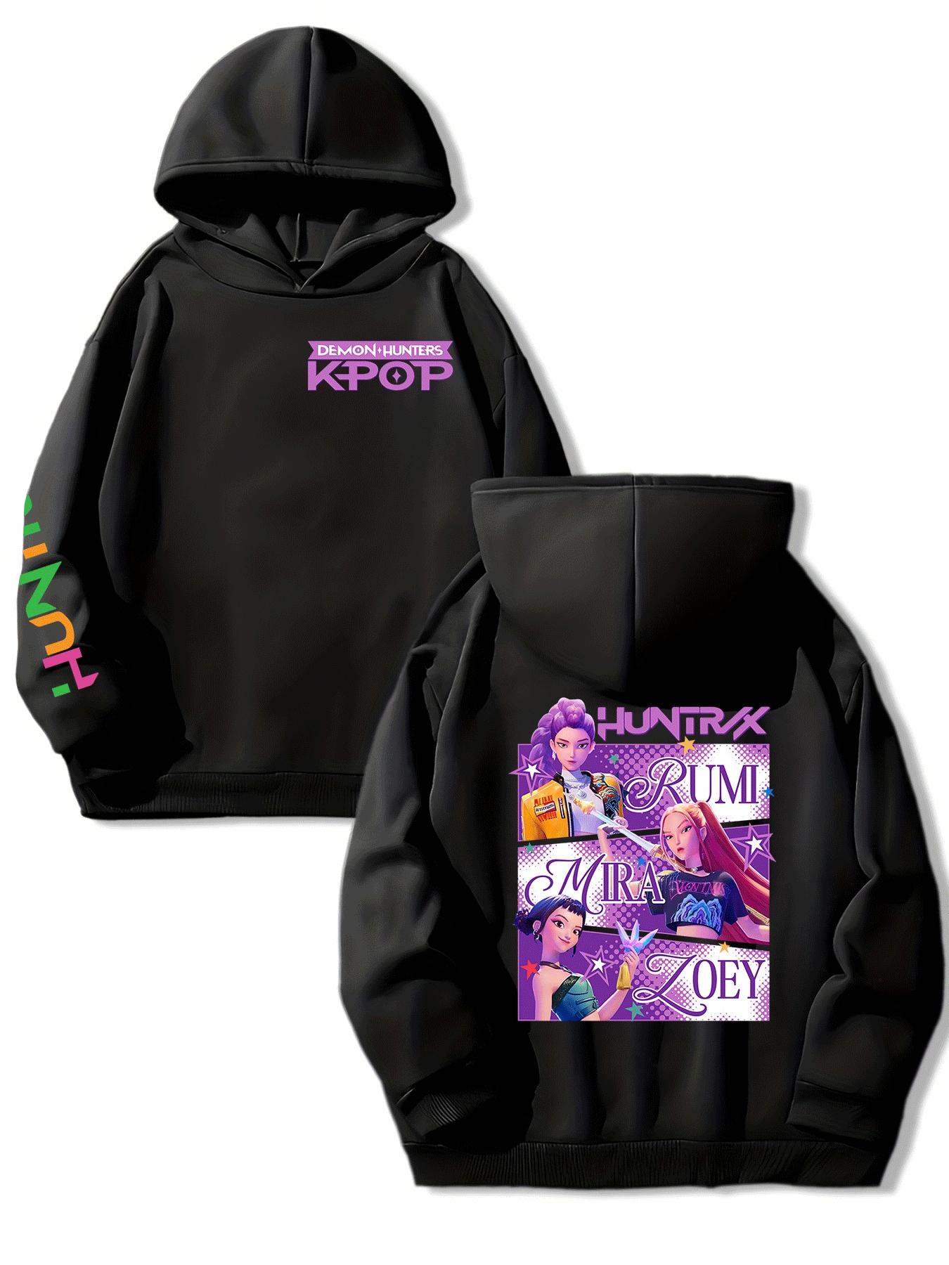 Girls Kpop Demon Hunters Korean Fashion Graphic Casual Hoodie, Spring & Fall Comfortable Sweatshirt, Creative Anime Print, Christmas Gift, Daily Wear