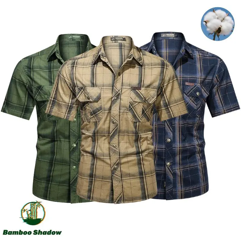 Men’s summer 100% cotton plaid short-sleeve shirt, breathable skin-friendly fabric, turn-down collar + double chest pockets design, suitable for commuting to work and everyday casual wear