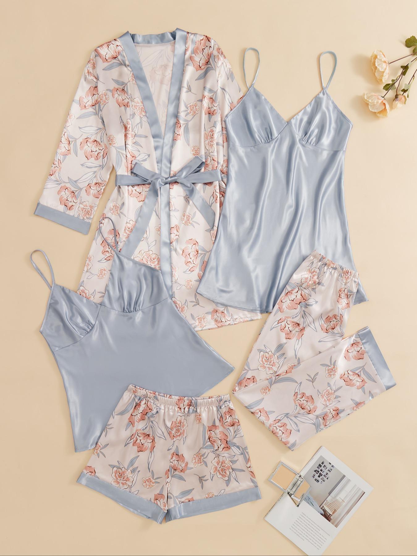 5 Piece Set Women's Satin Chic Floral & Plants Print Nightwear Pajama Set, Fall Clothes, Comfort Adjustable Strap Camisoles & Pj Pants & Shorts & Belted Lounge Robe Pjs Set, Homewear Set, Pyjamas for Women, Womenswear, Loungewear