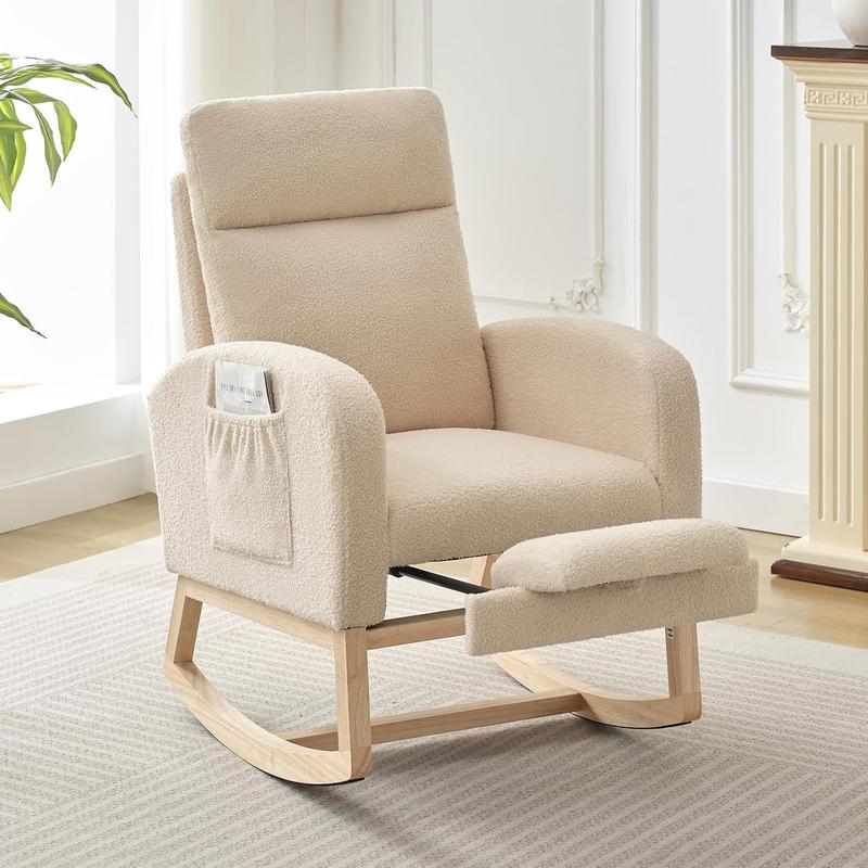 Rocking Chair Nursery with Foot Rest, Modern PU Upholstered Reading Glider Rocker Accent Armchair with High Backrest, Padded Seat, Side Pocket, for LivingRoom, Bedroom, Baby Room