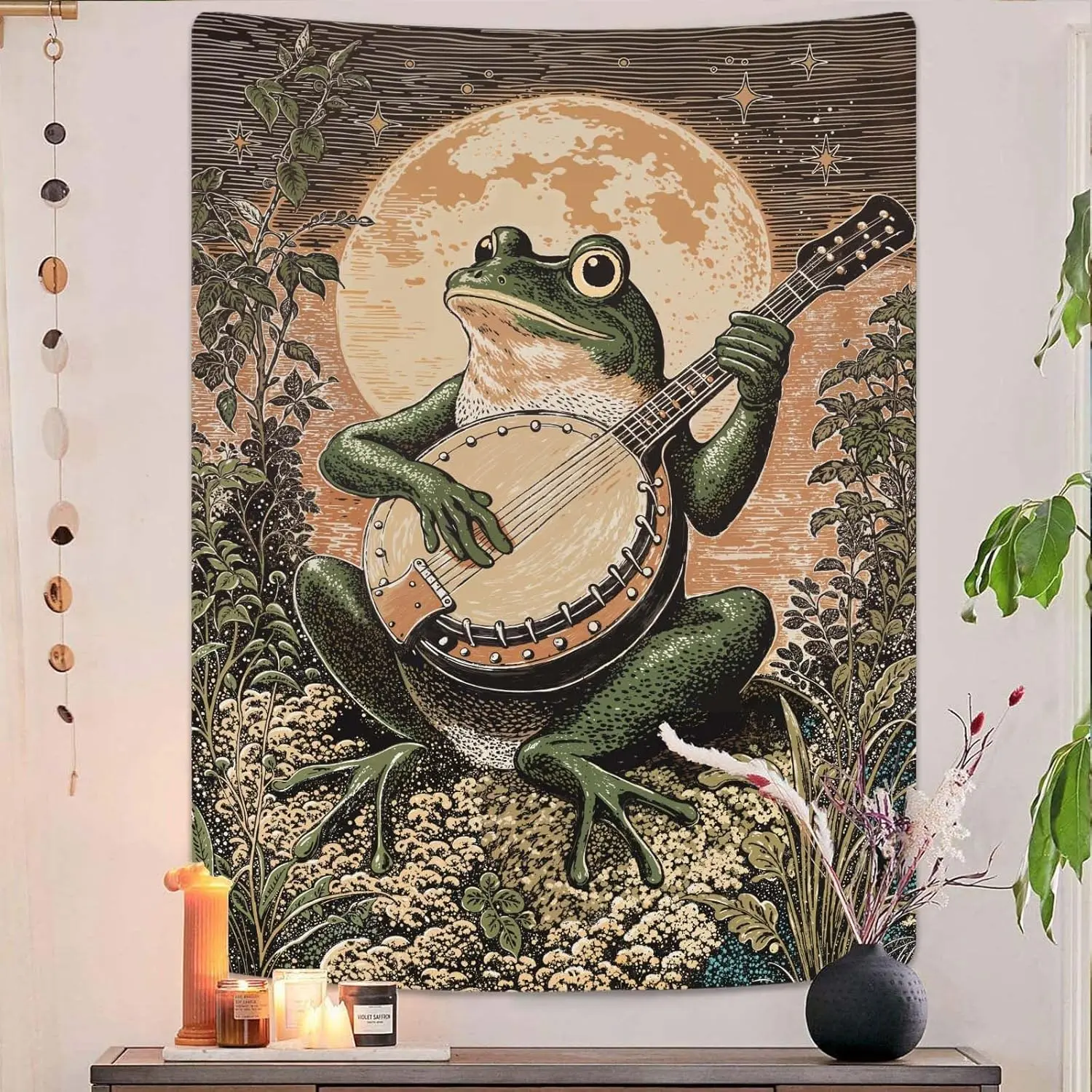 Moonlit Banjo Frog Wall Tapestry, Whimsical Amphibian Musician Tapestries for Room Decor, Folk Art Tapestry