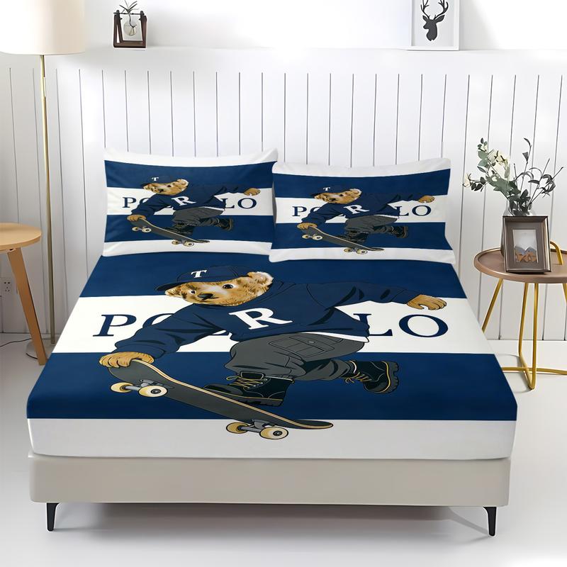 Teddy bear printed pattern bed sheet, comfortable printed pattern, including 1 bed sheet and 2 pillowcases, comfortable bedding, anti slip dust cover suitable for bedrooms and guest rooms, suitable for adult gifts