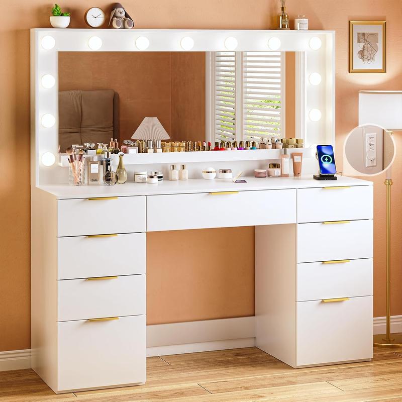 Vanity Desk with Large Mirror and Lights, 45.3in Makeup Vanity with Power Outlet 9 Drawers & Storage, 3 Lighting Color Adjustable, White Vanity Desk for Bedroom
