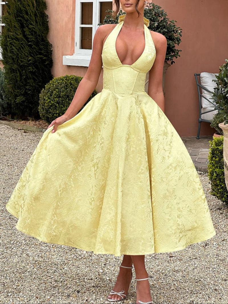 Fashion Elegant Halter Lace-Up Embroidered Waist V-Neck Sleeveless Dress, Long Plain Party Gown, Fitted Style for Women