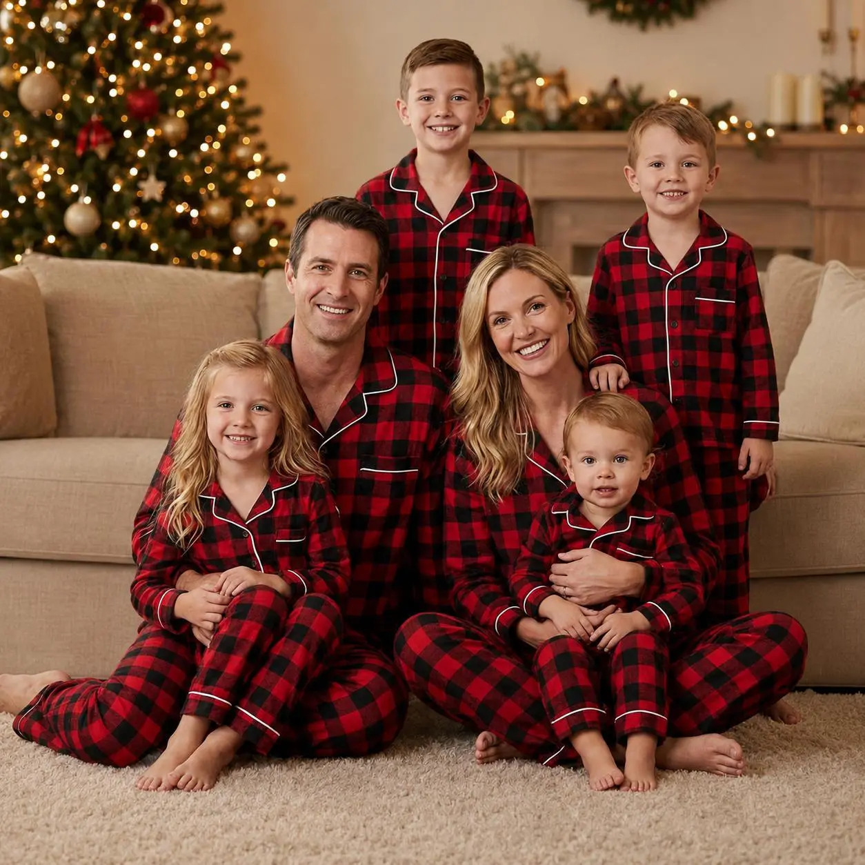 Family 2-Piece Checkered Plaid Full-Length Loungewear Matching Sets, Classic Red and Black, for Christmas Eve Gatherings