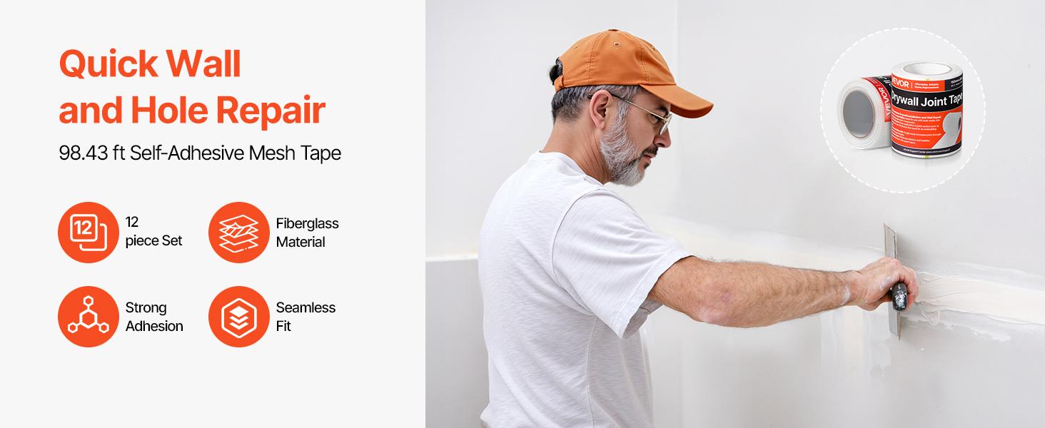 VEVOR Drywall Mesh Tape, 5.91 inch Wx 98.43 ft L Self-Adhesive Fiberglass Drywall Joint Tape, 12 Rolls Dry Wall Patch for Easy Sheetrock Ceiling Crack Repair, to Achieve Smooth Even Wall Surface