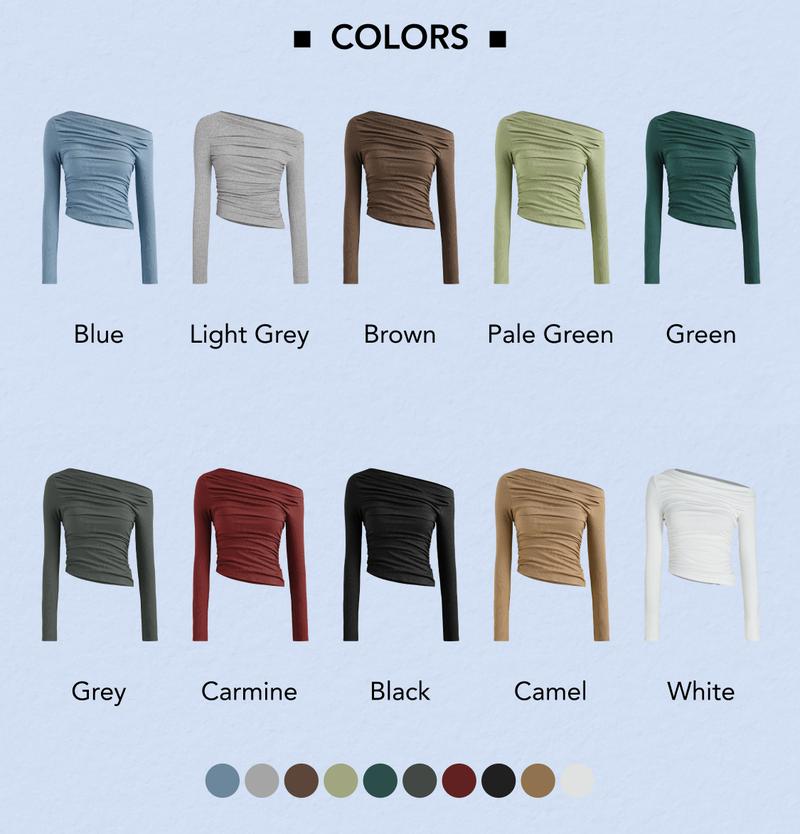 [10 colors, size 0-26]Solid Asymmetrical Neck Long Sleeve Top, High Stretch Off-shoulder Ruched Top for Work & Date