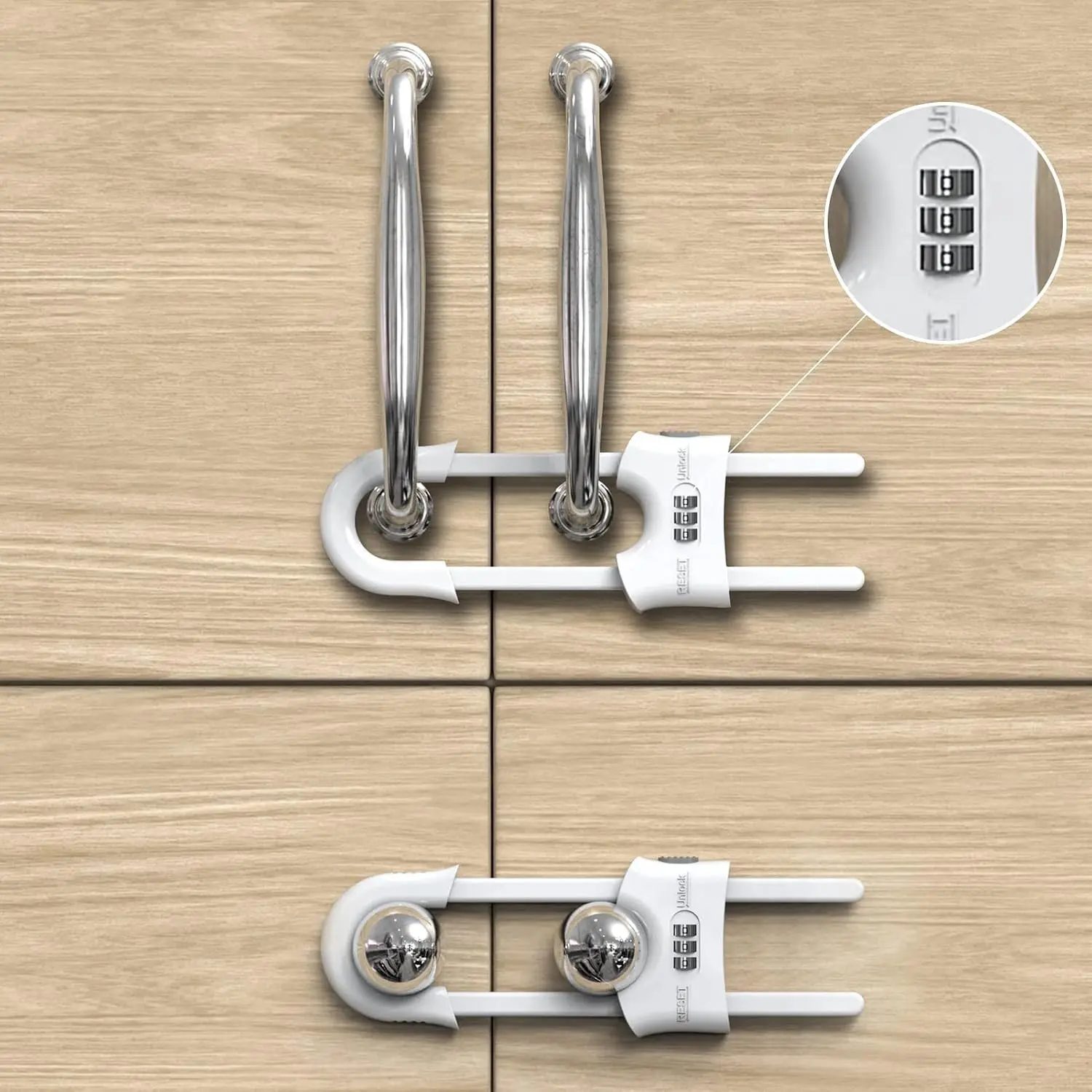 4 Pack Child Proof Cabinet Locks, Adjustable U-Shaped Sliding Door Latches for Knob Handles, Drawers & Closets, Baby Safety Cupboard Locks, White Plastic (4 PCS)(Gift)