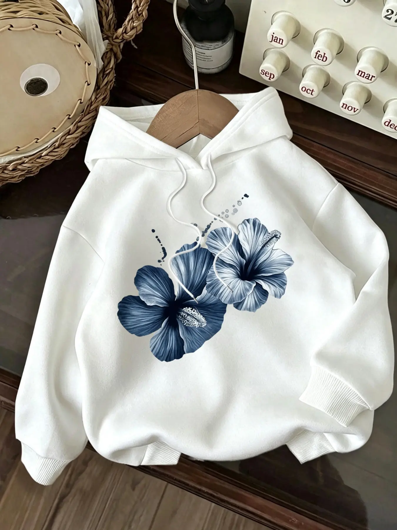 Women's Hooded Sweatshirt, Floral Sweatshirt, Ink Blue Hibiscus Print, Loose Casual Style, American Vintage Y2K Streetwear, Trendy Fashion Top