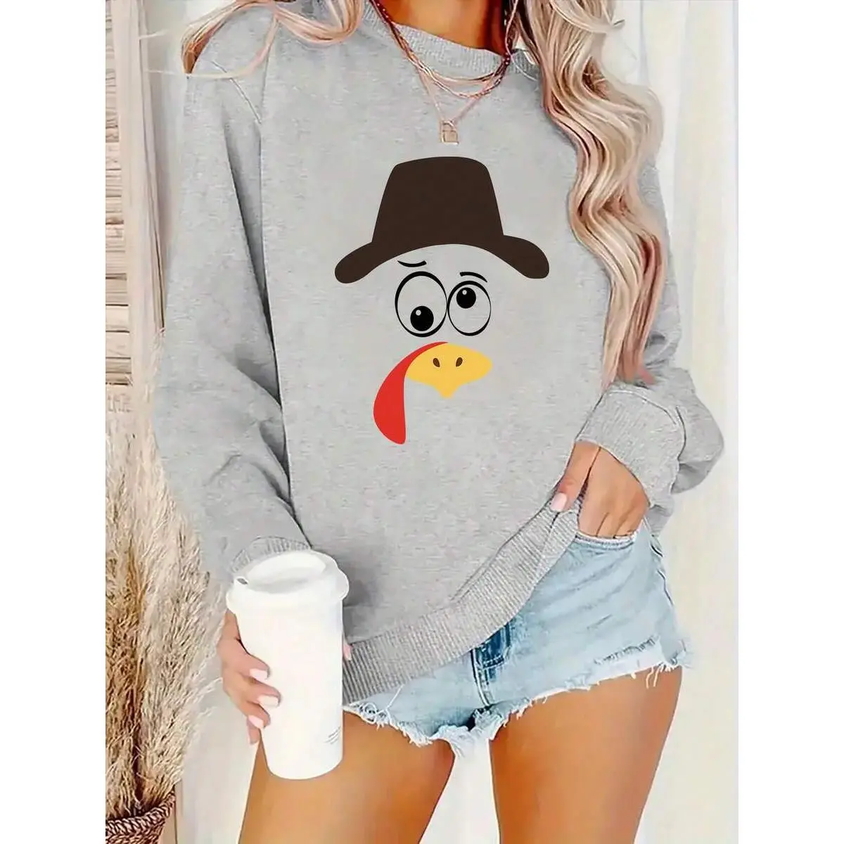 Women's Thanksgiving Sweatshirt - Cute Smiling Turkey & Top Hat Design With Happy Thanksgiving Lettering, Cozy Pullover Sweatshirt For Fall Parties,