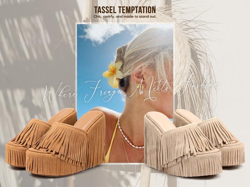 CYNLLIO Womens Fringed Boho Cowboy Style Platform Sandals Open Round Toe Tassel High Heels Slip On Wedge Heeled Suede Slides for Outings Evening Party Spring Dress Sandals Shoes Valentine Gifts