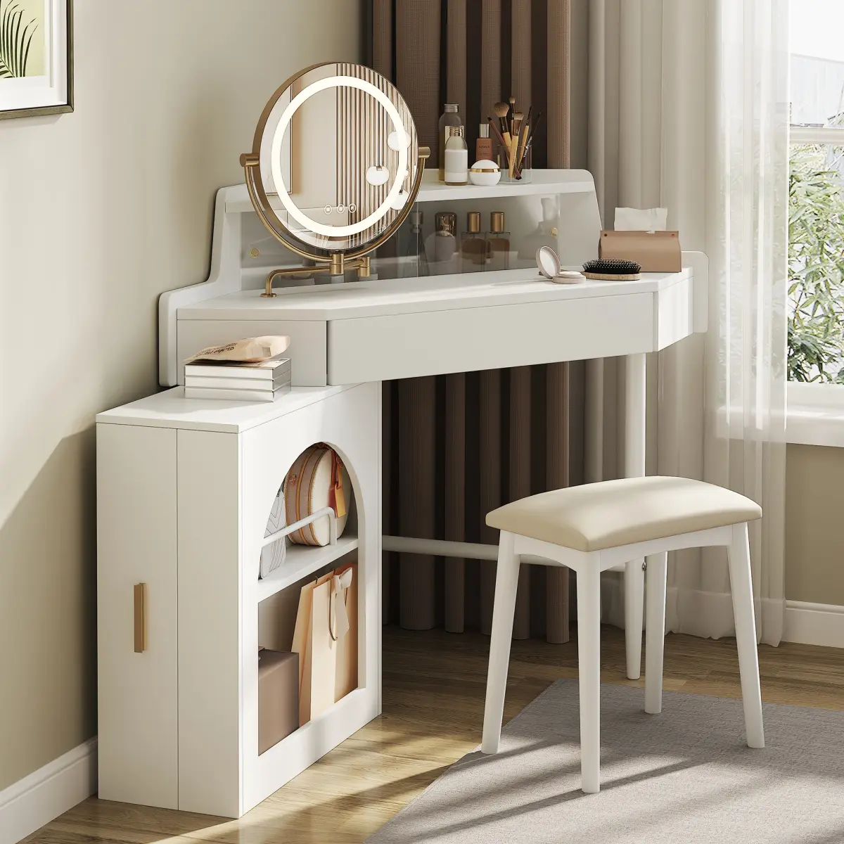 White L-Shaped Corner Makeup Vanity Set, Tri-Fold 360 °   Rotatable HD LED Mirror with 3 Color Lights & Brightness Adjustment, Engineered Wood Dressing Table with Storage and PU Cushioned Stool for Bedroom Bathroom