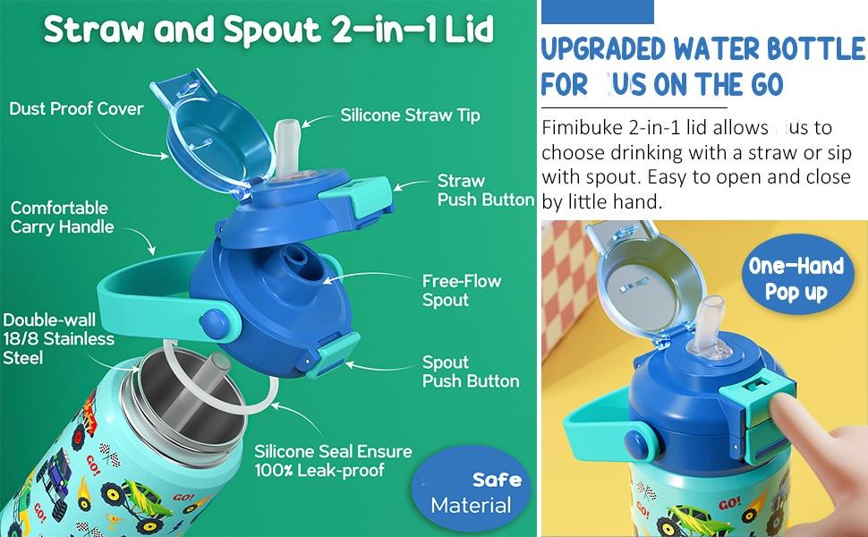 Back to School Gift,Fimibuke BPA-Free Insulated Water Bottle, 14/18oz Leak Proof 18/8 Stainless Steel Vacuum Tumbler with Pop-Open Straw & Spout 2-in-1 Lid, Travel and School Cup,Birthday's Gift