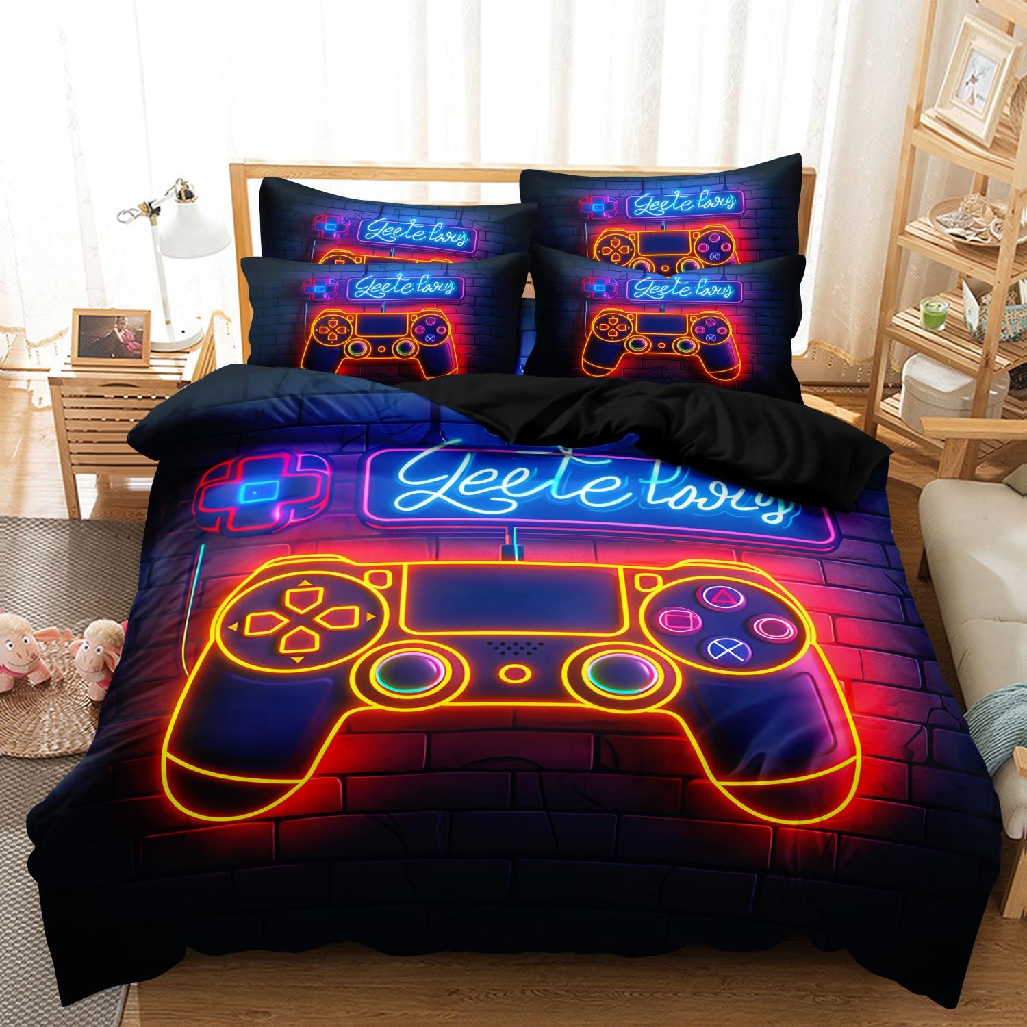 Video Game Controller Mouse Keyboard Headphone Pattern - Modern Fashionable Cool Gamepad Print - Boys Youth Gaming Equipment Bedding Set - 3pcs Duvet Cover Set (1Duvet cover+2Pillowcase ，No quilt)