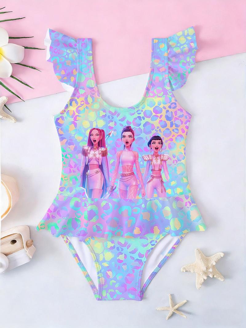 Girls Kpop Demon Hunters One-Piece Swimsuit, Colorful Polka Dot Group Image Print, Ruffled Sleeveless Swimwear, Summer Beach Wear