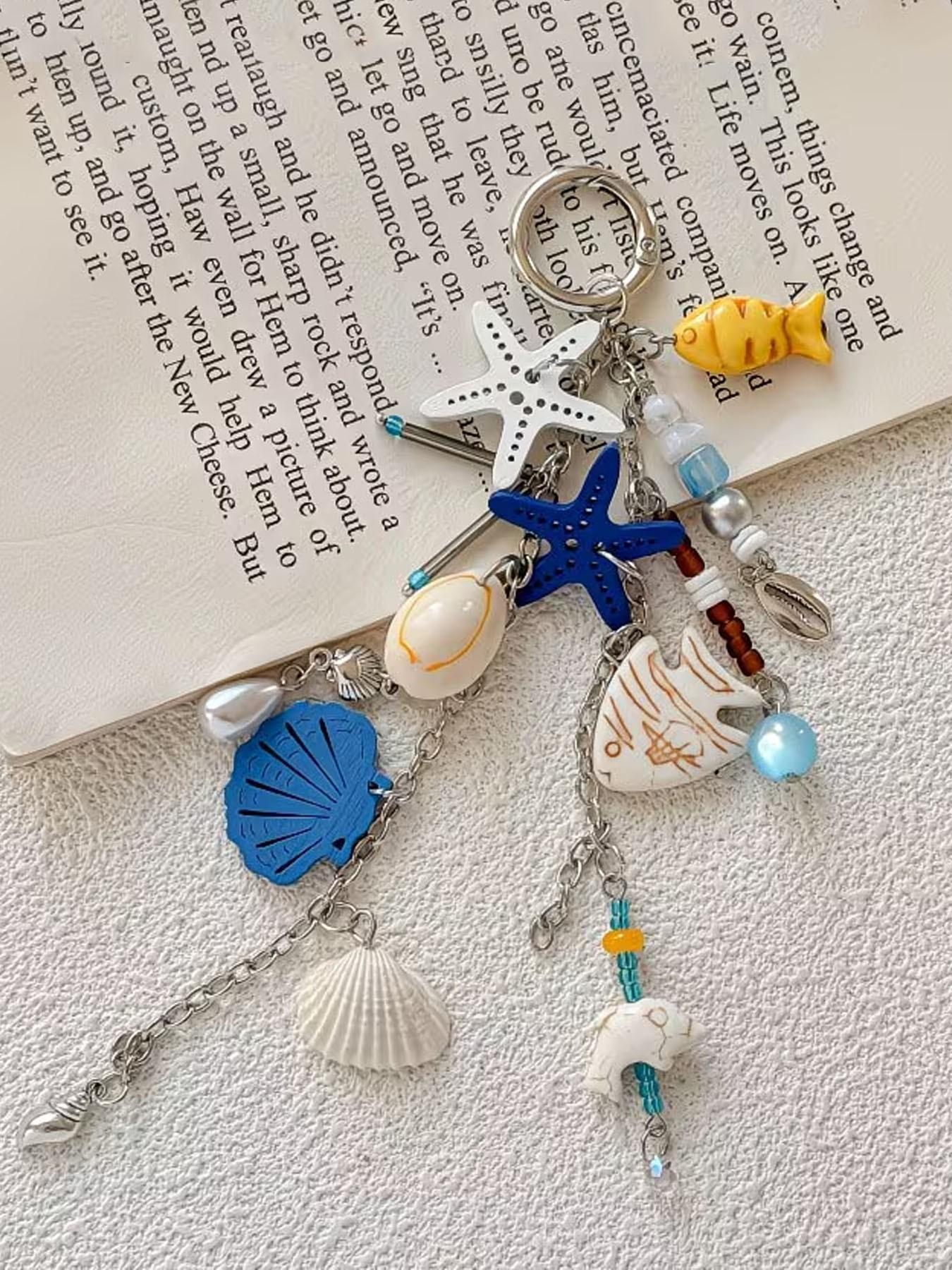 1pc New Starfish Keychain, Ocean Style Multi-Charm Keychain, Starfish Shell Fish-Shaped Beaded Combination, Full of Atmosphere, Versatile And Practical, Niche High-End Vacation Style Bag Charm, Ocean Series Ornaments