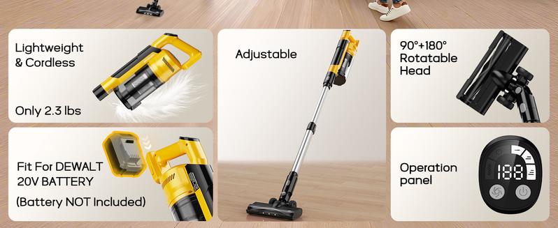 【No Batteries】350W Cordless Vacuum Cleaner for Dewalt 20v Battery/ for Milwaukee M18 Battery/ for Makita 18V Battery, 35kPa Brushless Lightweight Stick Vacuum with 3 Mode Suction,6 in 1 Stick Vacuum Cleaner with HEPA for Floor,Carpet, Car