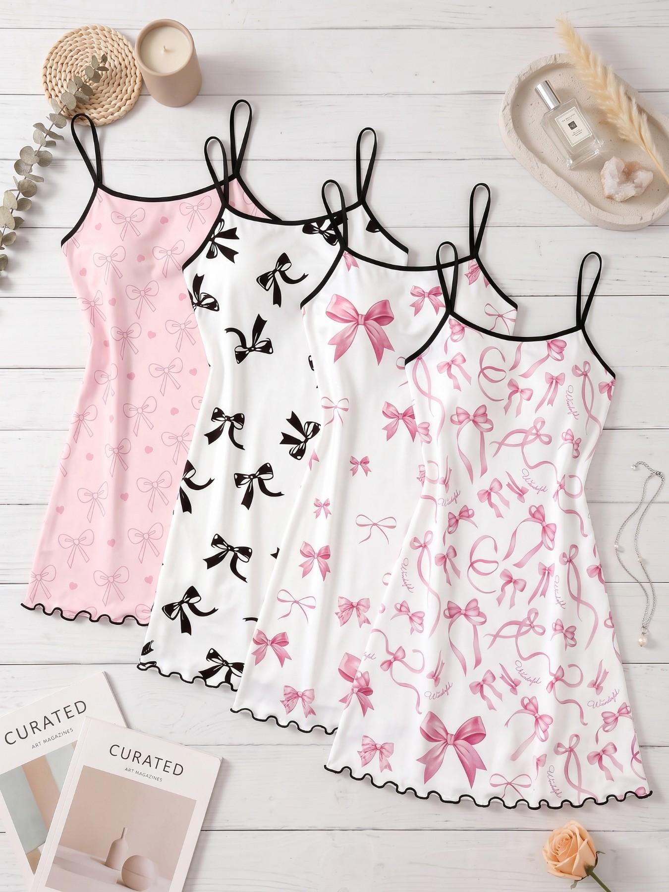 4-Pack Women's Spaghetti Strap Nightdresses, Bear & Bow All-Over Print Nightwear, Cute Loungewear for Spring & Summer