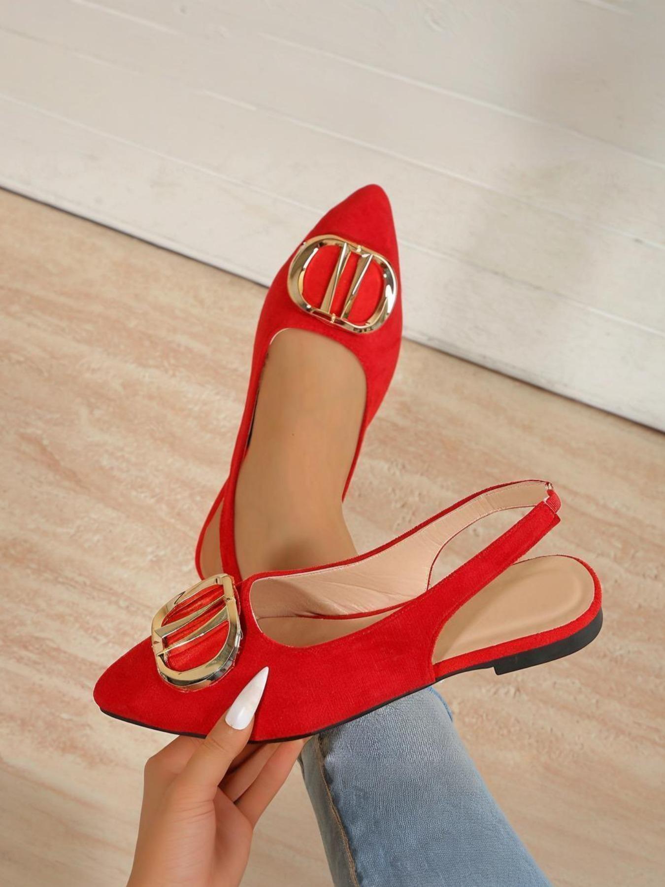 Women's 2026 Hot Trending Metal Buckle Detail Slingback Pointed Toe Flat Pumps, Elegant All-match Footwear for Office, Daily Wear & Evening Occasions, Fashion Dress Shoes for Women & Girls